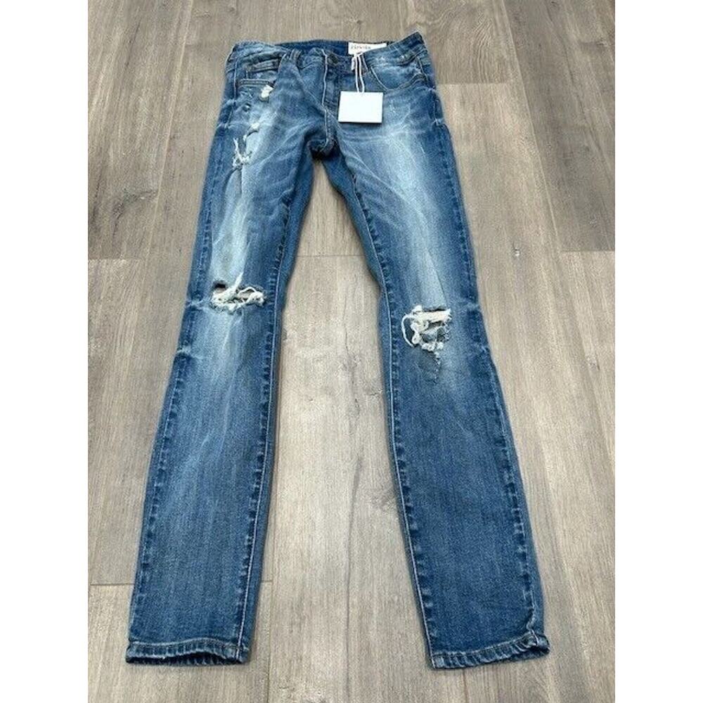 Pistola Straight Jeans Distressed Whisker Denim Stretch Medium Wash Blue Size 27